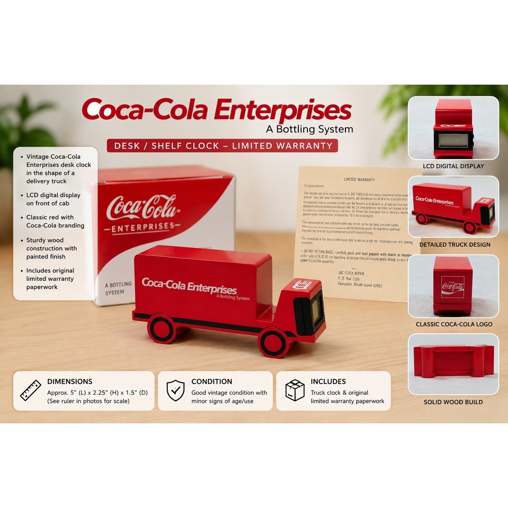 Vintage Coca-Cola Enterprises Red Delivery Truck Desk Clock Quartz Collectible